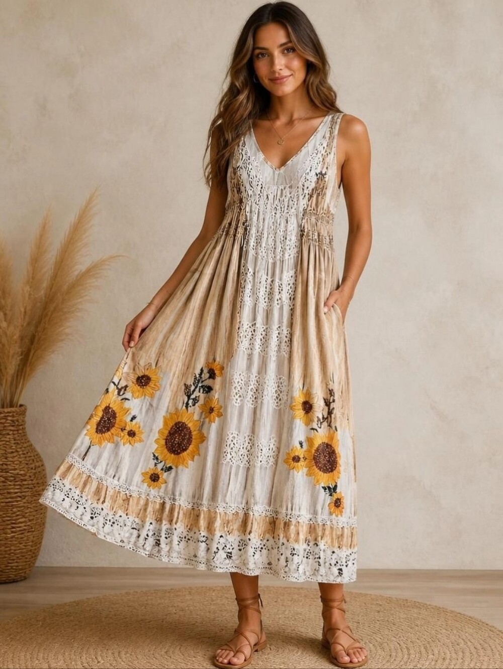 Sunflowers sundress sleevless dress Women plus